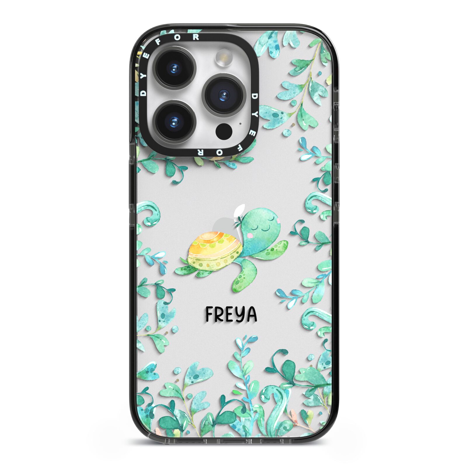 Personalised Green Turtle iPhone 14 Pro Black Impact Case on Silver phone