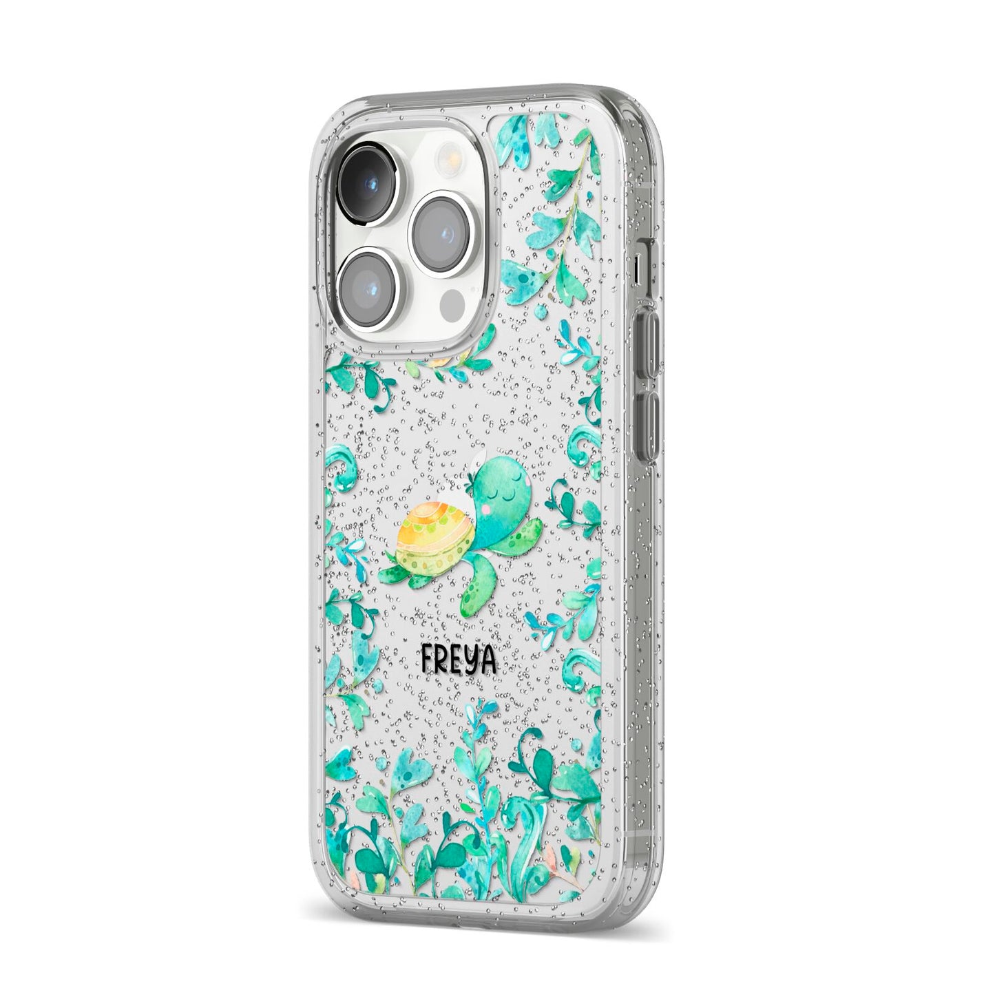 Personalised Green Turtle iPhone 14 Pro Glitter Tough Case Silver Angled Image