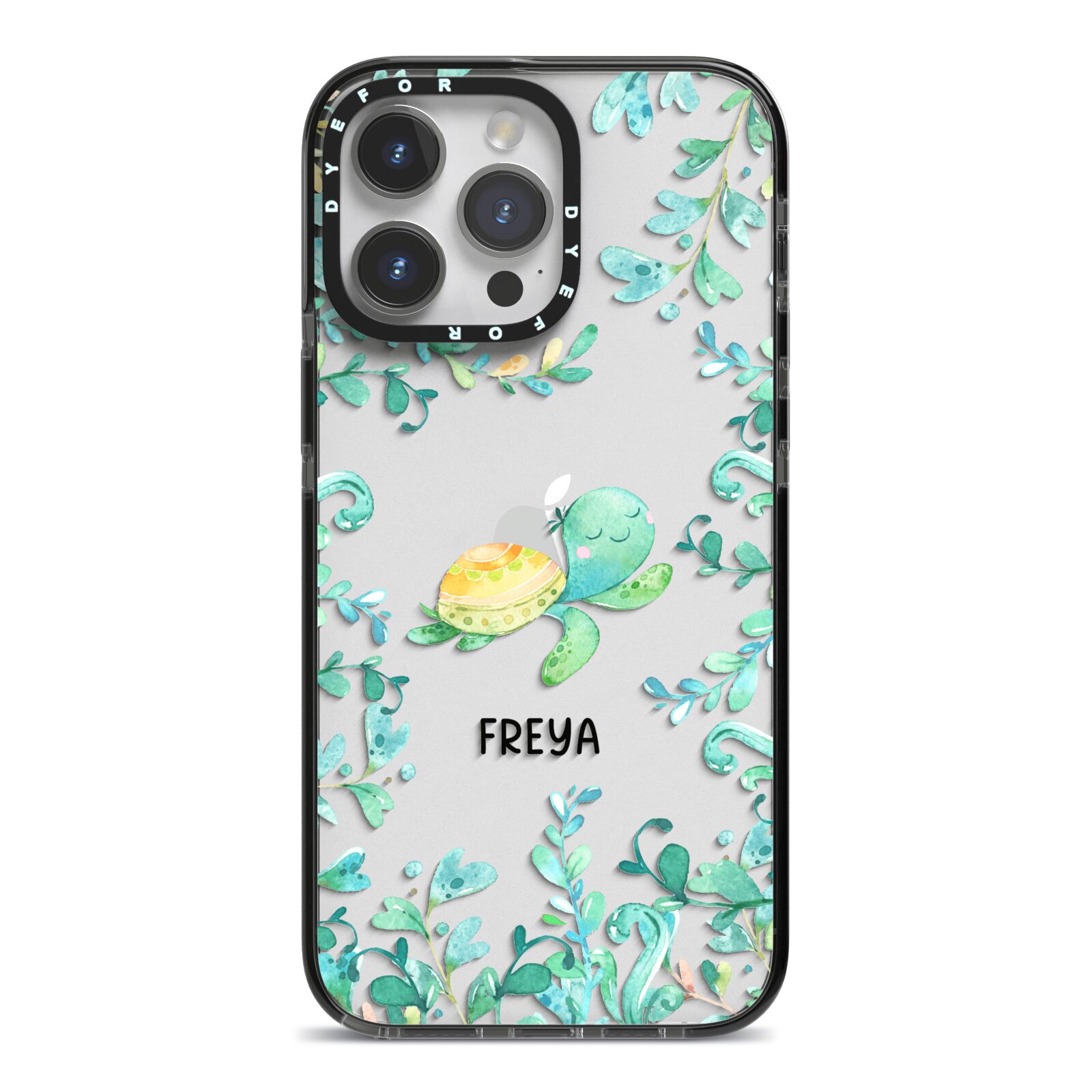 Personalised Green Turtle iPhone 14 Pro Max Black Impact Case on Silver phone