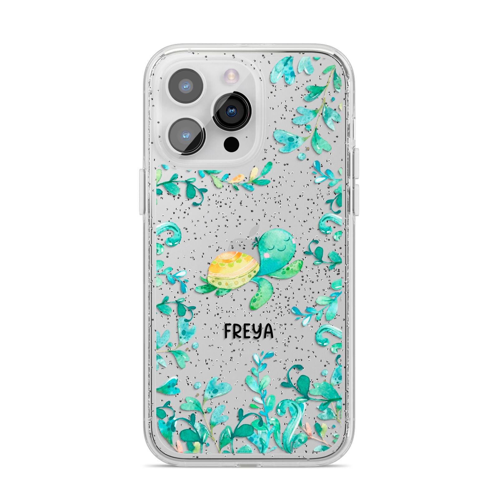 Personalised Green Turtle iPhone 14 Pro Max Glitter Tough Case Silver