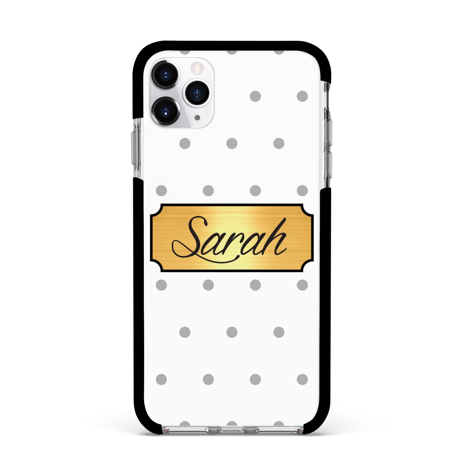 Personalised Grey Dots Gold With Name Apple iPhone 11 Pro Max in Silver with Black Impact Case