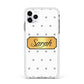 Personalised Grey Dots Gold With Name Apple iPhone 11 Pro Max in Silver with White Impact Case