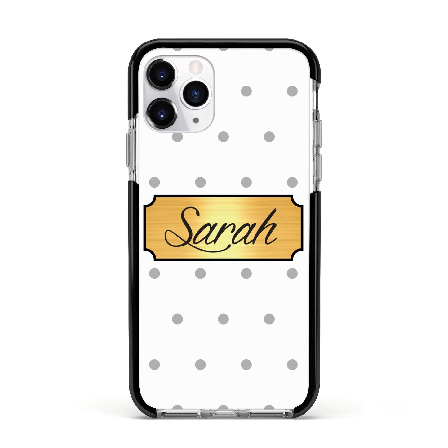 Personalised Grey Dots Gold With Name Apple iPhone 11 Pro in Silver with Black Impact Case