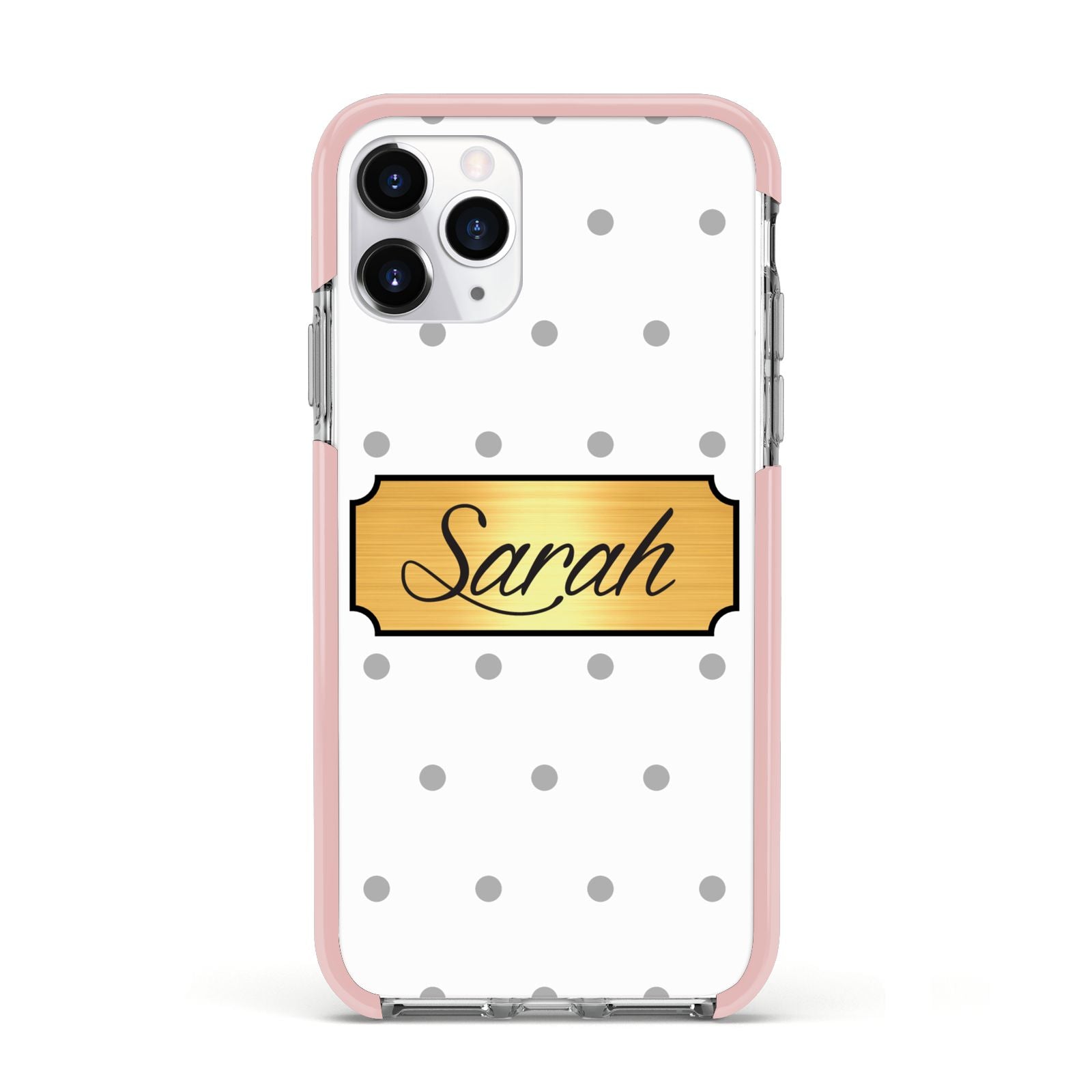 Personalised Grey Dots Gold With Name Apple iPhone 11 Pro in Silver with Pink Impact Case