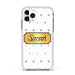 Personalised Grey Dots Gold With Name Apple iPhone 11 Pro in Silver with White Impact Case