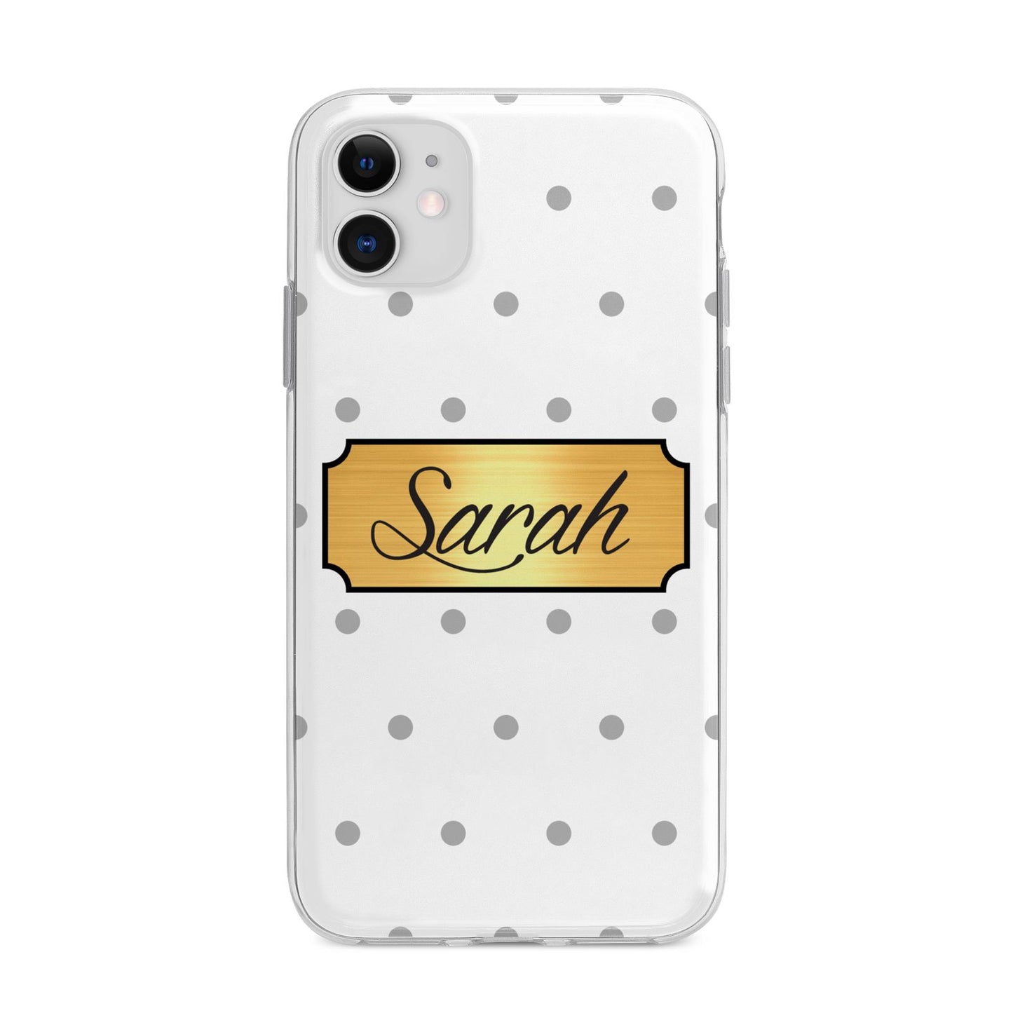 Personalised Grey Dots Gold With Name Apple iPhone 11 in White with Bumper Case