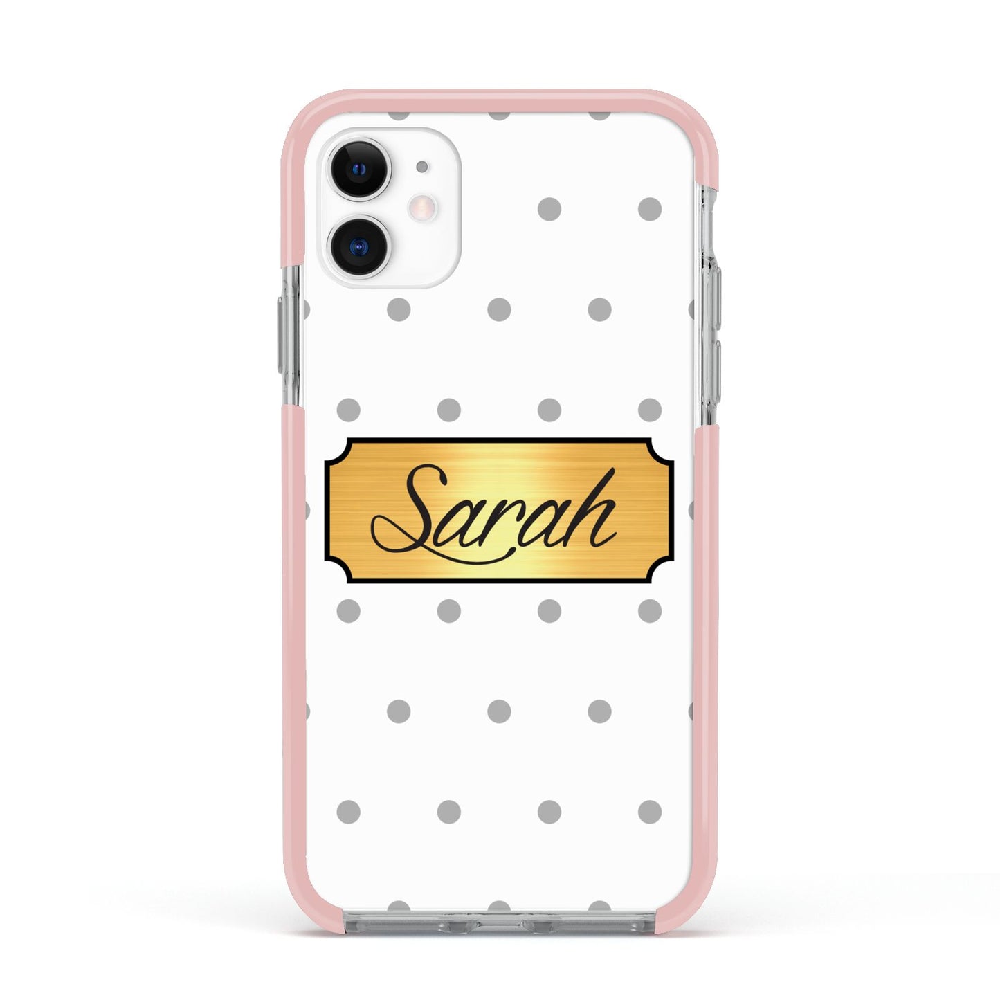 Personalised Grey Dots Gold With Name Apple iPhone 11 in White with Pink Impact Case