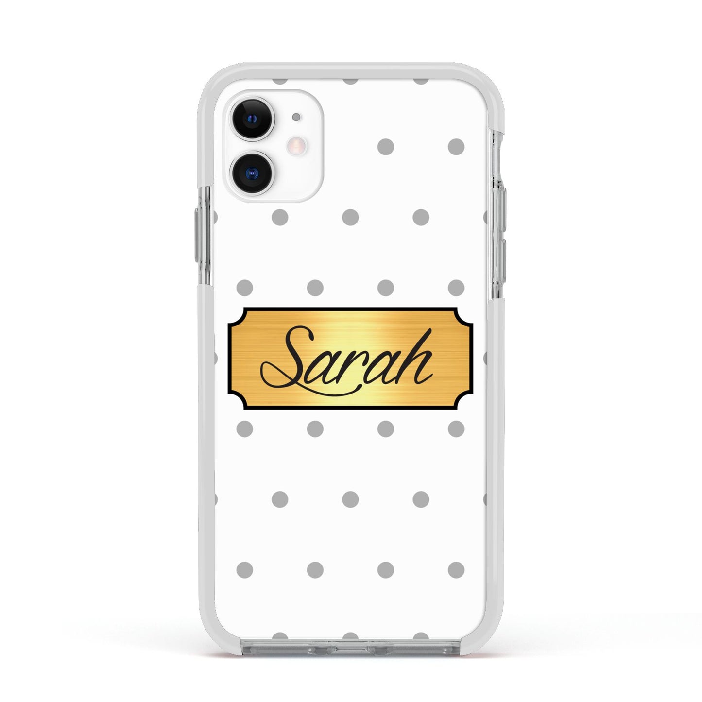 Personalised Grey Dots Gold With Name Apple iPhone 11 in White with White Impact Case
