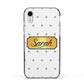 Personalised Grey Dots Gold With Name Apple iPhone XR Impact Case Black Edge on Silver Phone