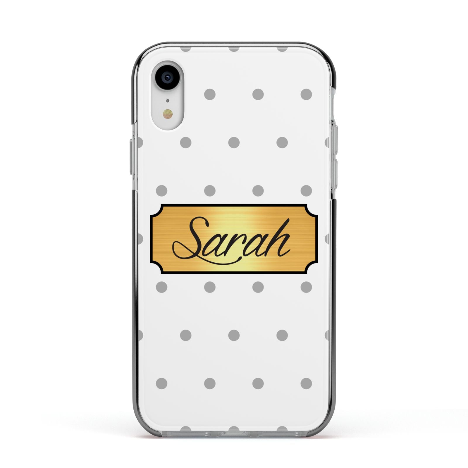 Personalised Grey Dots Gold With Name Apple iPhone XR Impact Case Black Edge on Silver Phone