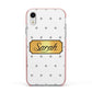 Personalised Grey Dots Gold With Name Apple iPhone XR Impact Case Pink Edge on Silver Phone