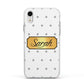 Personalised Grey Dots Gold With Name Apple iPhone XR Impact Case White Edge on Silver Phone
