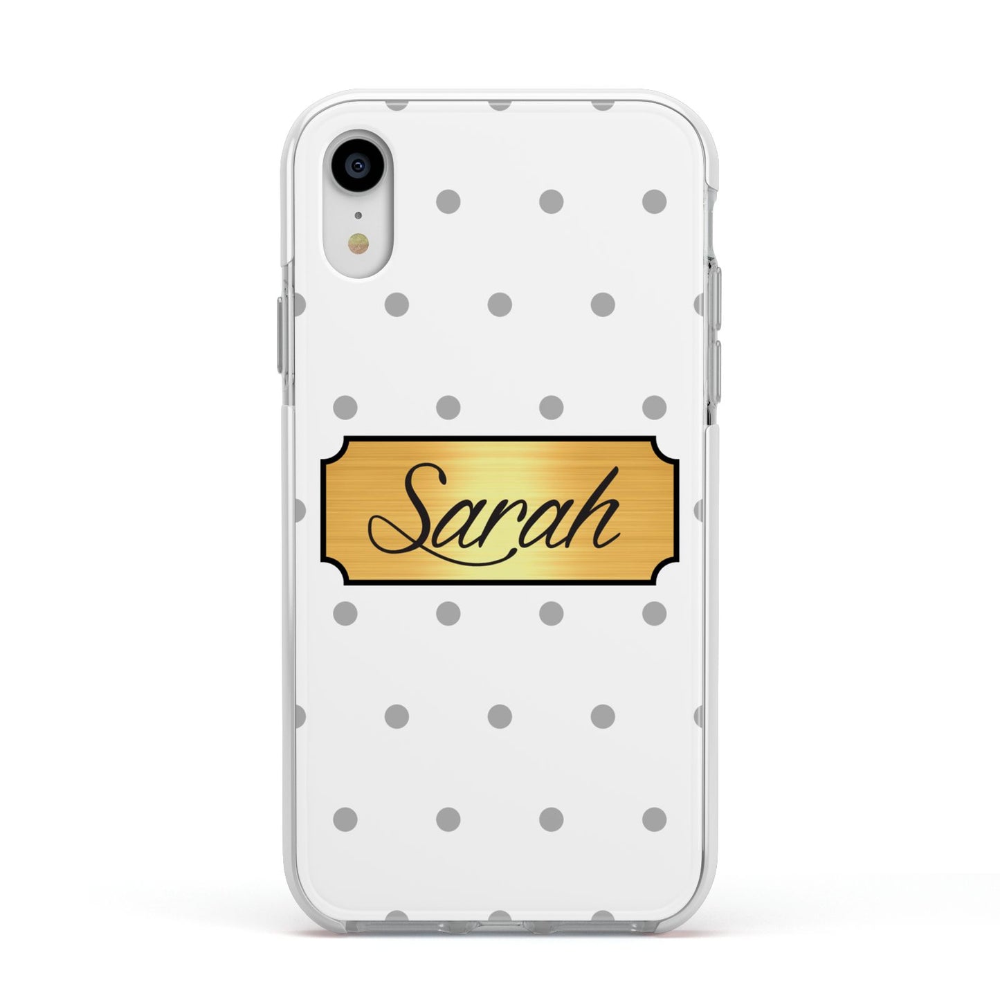 Personalised Grey Dots Gold With Name Apple iPhone XR Impact Case White Edge on Silver Phone