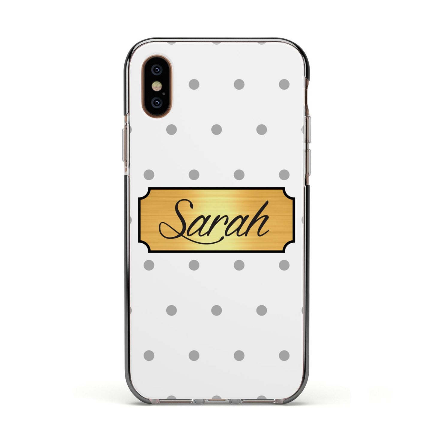 Personalised Grey Dots Gold With Name Apple iPhone Xs Impact Case Black Edge on Gold Phone