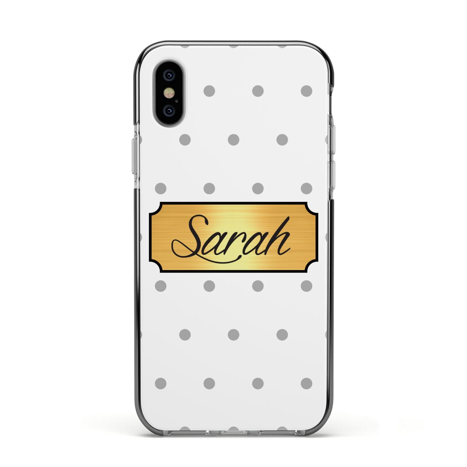 Personalised Grey Dots Gold With Name Apple iPhone Xs Impact Case Black Edge on Silver Phone