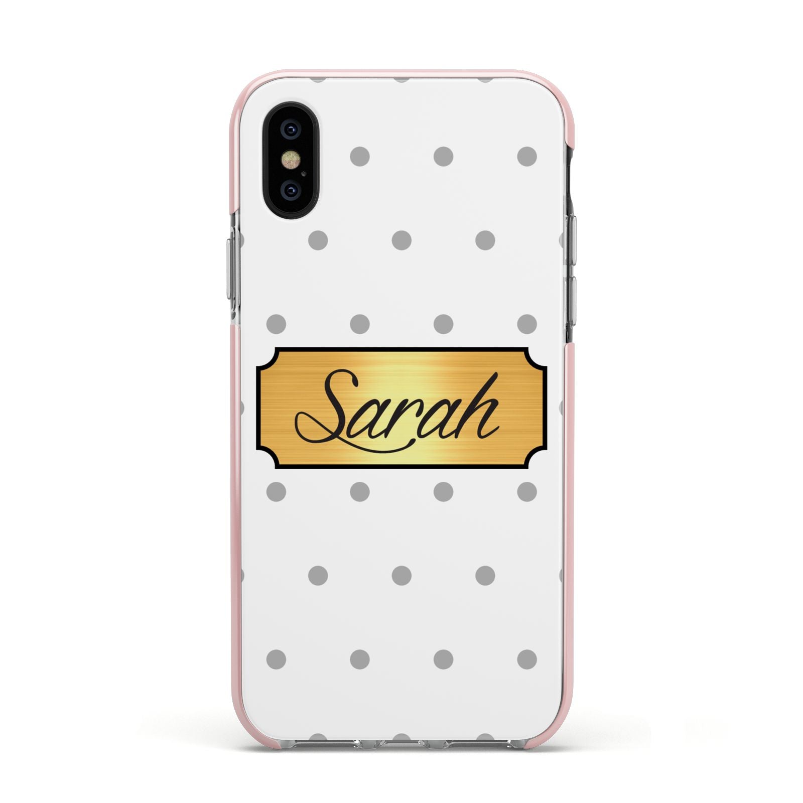 Personalised Grey Dots Gold With Name Apple iPhone Xs Impact Case Pink Edge on Black Phone