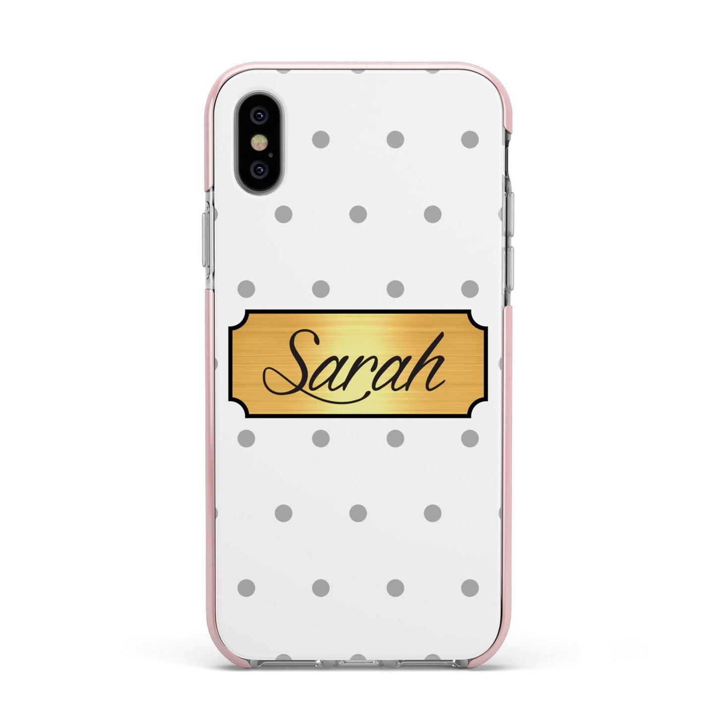 Personalised Grey Dots Gold With Name Apple iPhone Xs Impact Case Pink Edge on Silver Phone