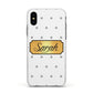Personalised Grey Dots Gold With Name Apple iPhone Xs Impact Case White Edge on Black Phone