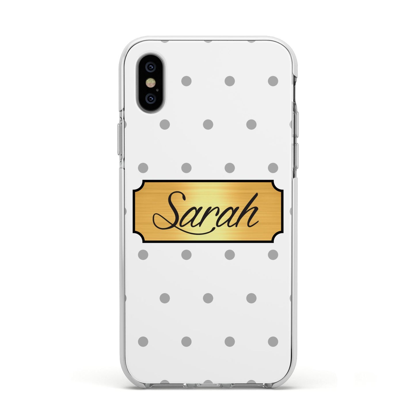 Personalised Grey Dots Gold With Name Apple iPhone Xs Impact Case White Edge on Silver Phone