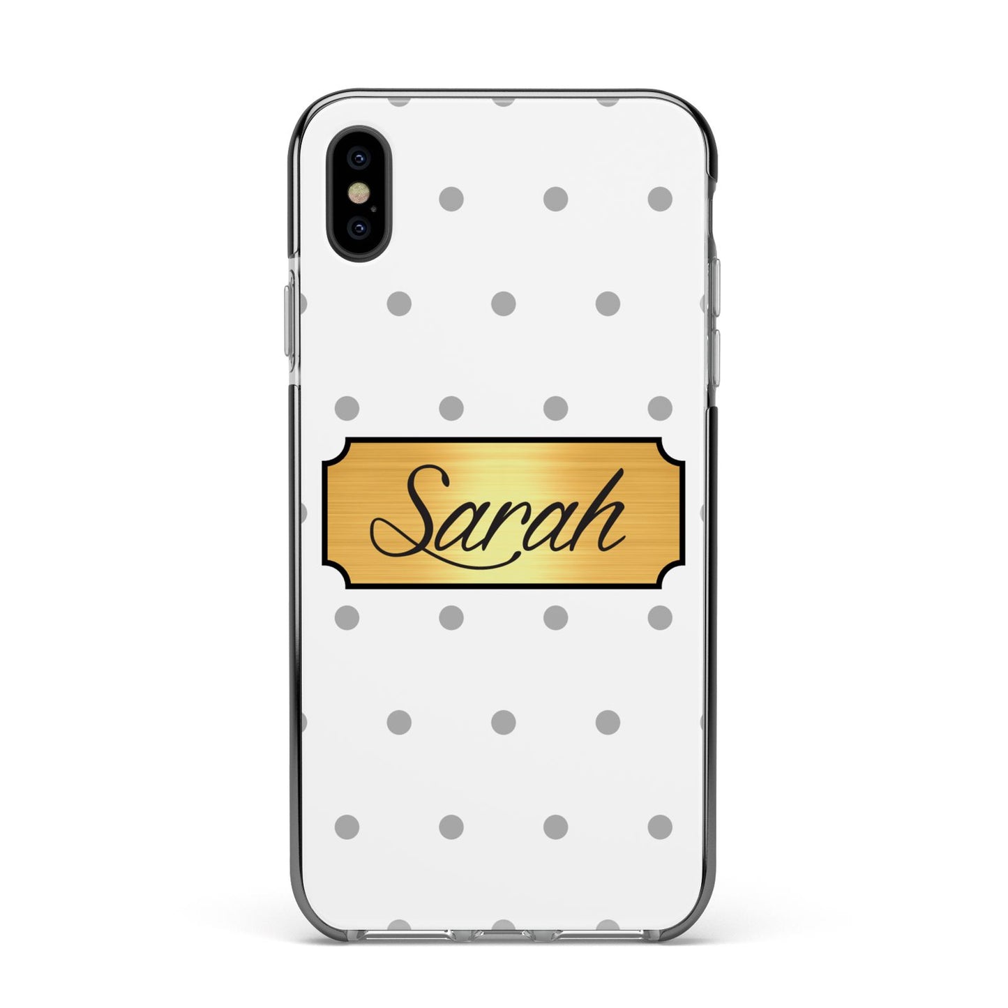 Personalised Grey Dots Gold With Name Apple iPhone Xs Max Impact Case Black Edge on Black Phone