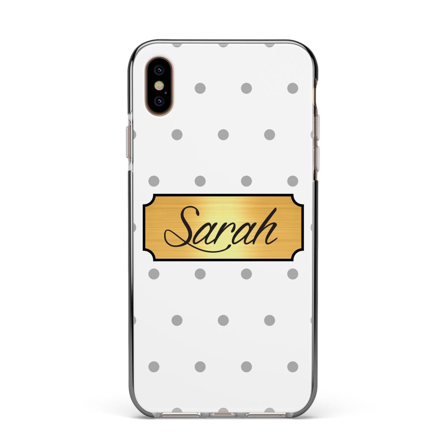 Personalised Grey Dots Gold With Name Apple iPhone Xs Max Impact Case Black Edge on Gold Phone