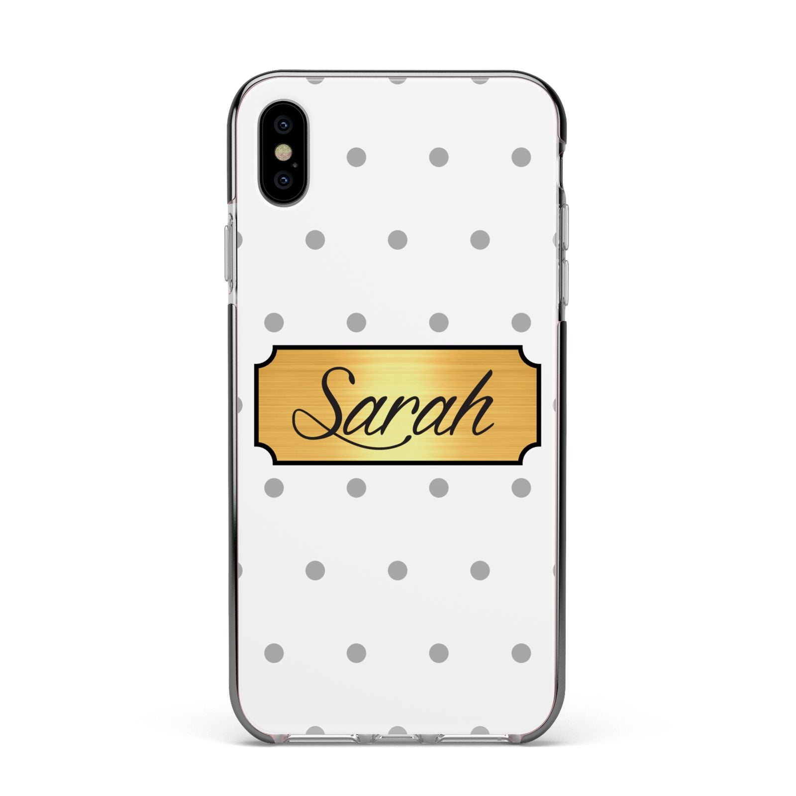 Personalised Grey Dots Gold With Name Apple iPhone Xs Max Impact Case Black Edge on Silver Phone