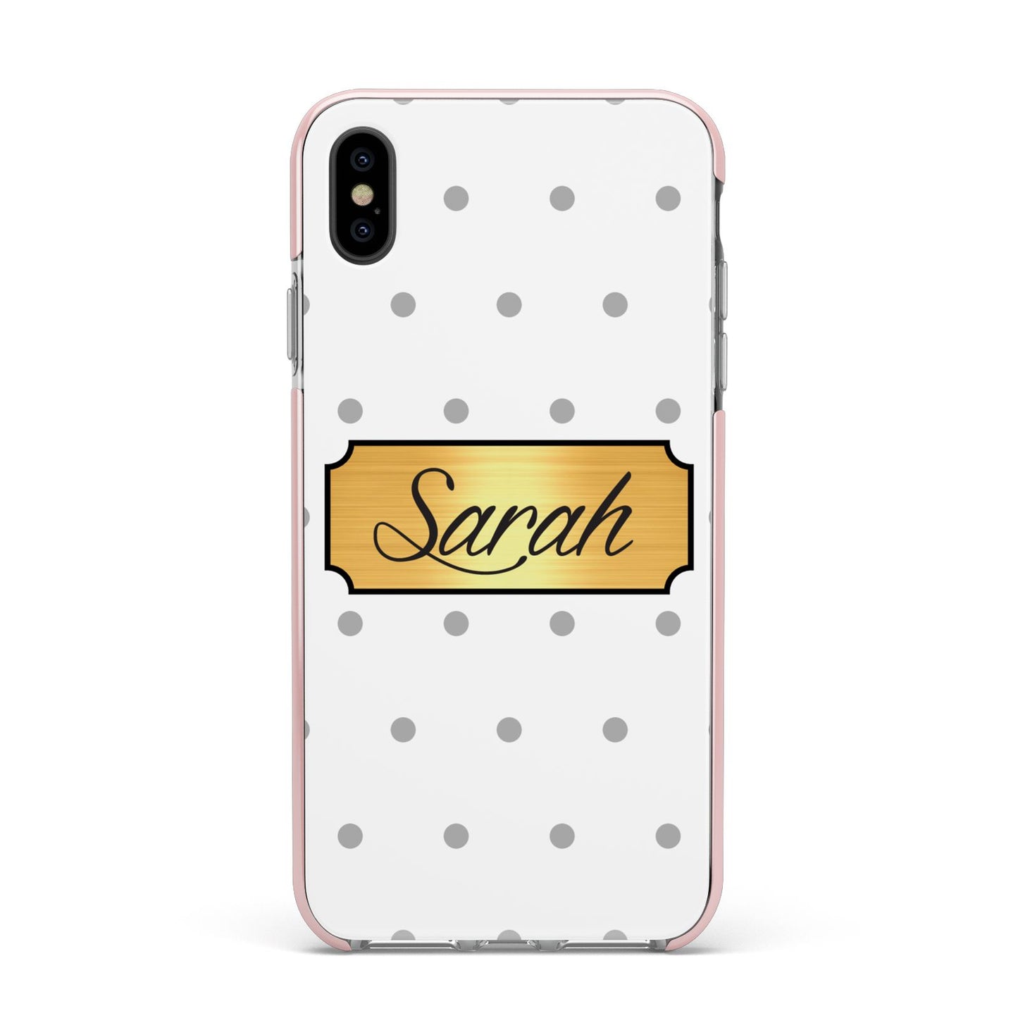 Personalised Grey Dots Gold With Name Apple iPhone Xs Max Impact Case Pink Edge on Black Phone