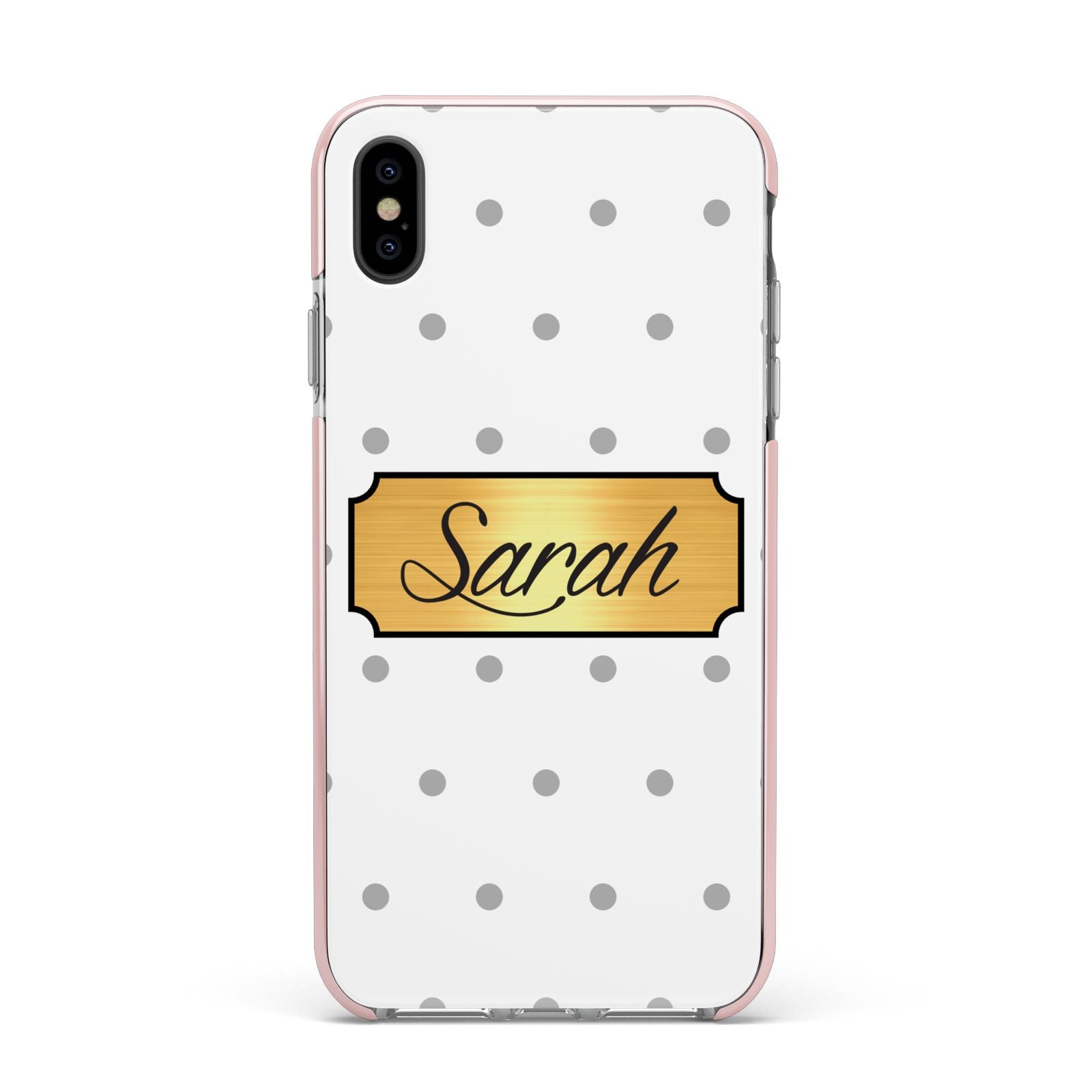 Personalised Grey Dots Gold With Name Apple iPhone Xs Max Impact Case Pink Edge on Black Phone