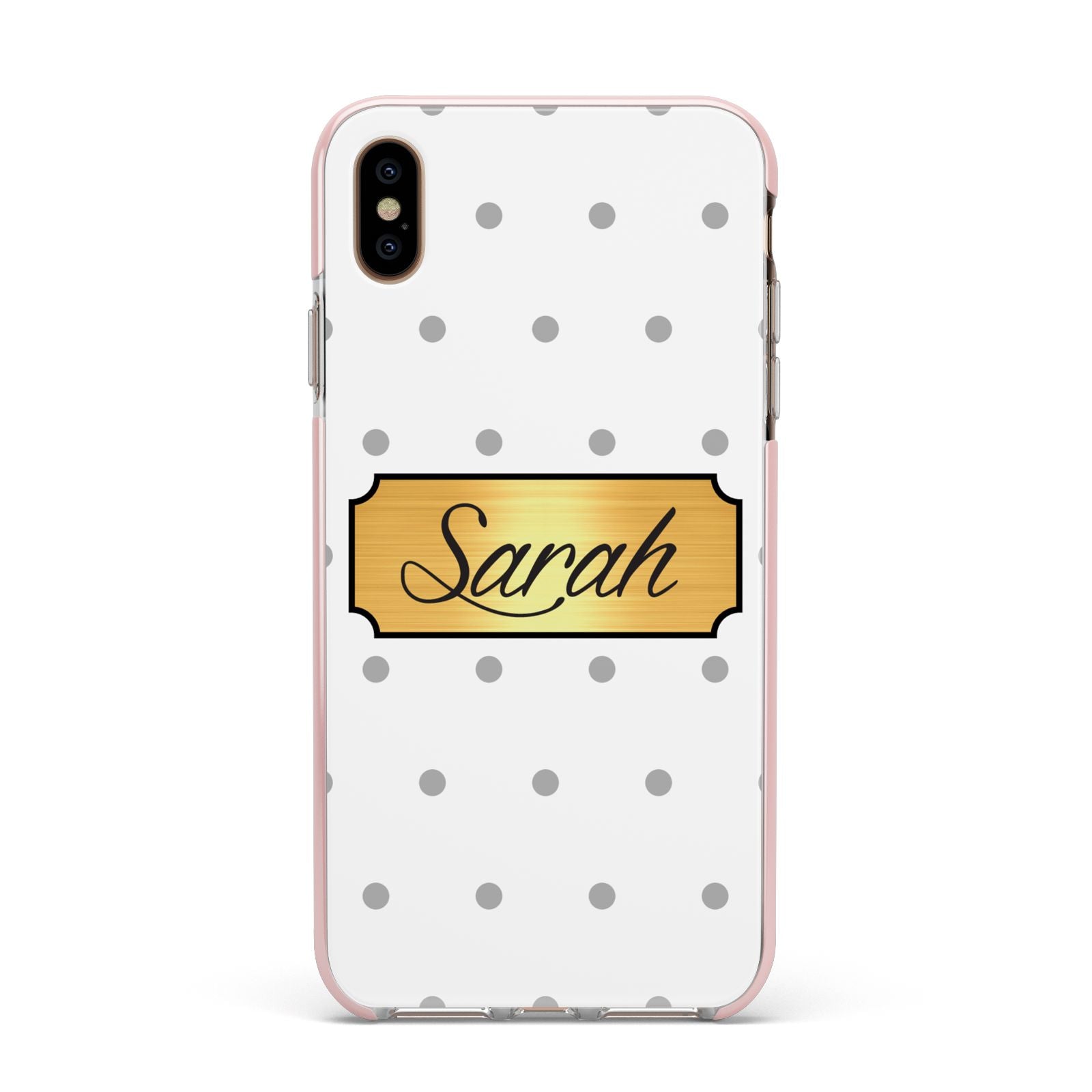 Personalised Grey Dots Gold With Name Apple iPhone Xs Max Impact Case Pink Edge on Gold Phone