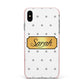 Personalised Grey Dots Gold With Name Apple iPhone Xs Max Impact Case Pink Edge on Silver Phone