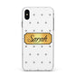 Personalised Grey Dots Gold With Name Apple iPhone Xs Max Impact Case White Edge on Black Phone