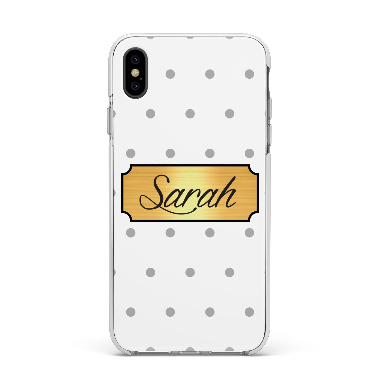 Personalised Grey Dots Gold With Name Apple iPhone Xs Max Impact Case White Edge on Black Phone
