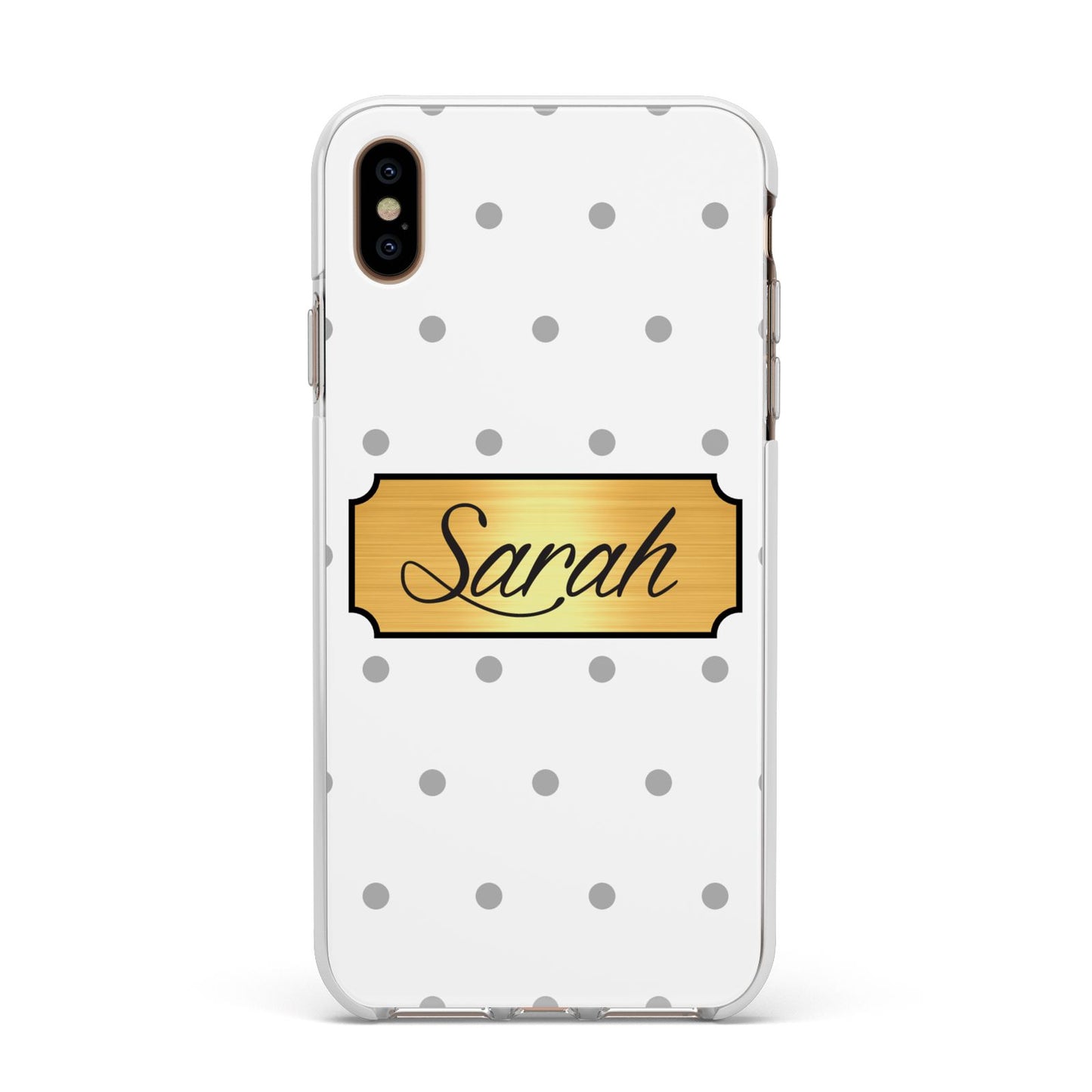 Personalised Grey Dots Gold With Name Apple iPhone Xs Max Impact Case White Edge on Gold Phone