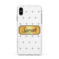 Personalised Grey Dots Gold With Name Apple iPhone Xs Max Impact Case White Edge on Silver Phone