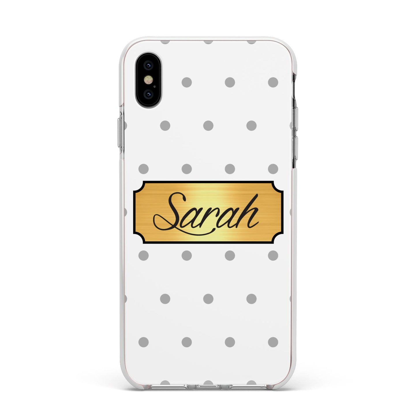 Personalised Grey Dots Gold With Name Apple iPhone Xs Max Impact Case White Edge on Silver Phone