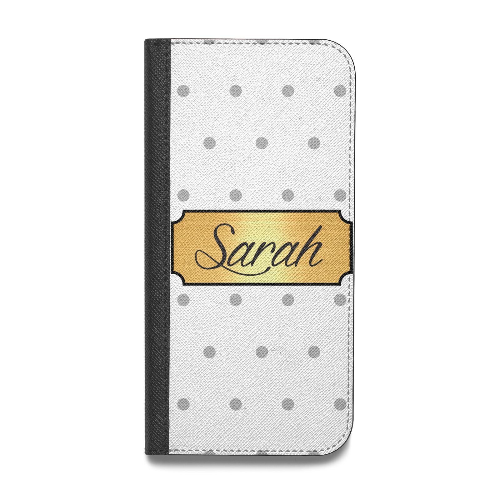 Personalised Grey Dots Gold With Name Vegan Leather Flip iPhone Case