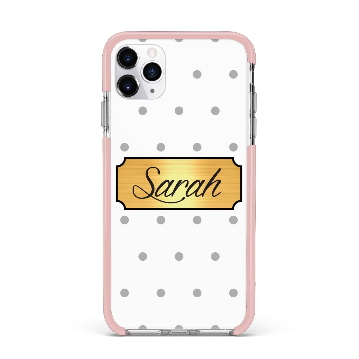 Personalised Grey Dots Gold With Name iPhone 11 Pro Max Impact Pink Edge Case