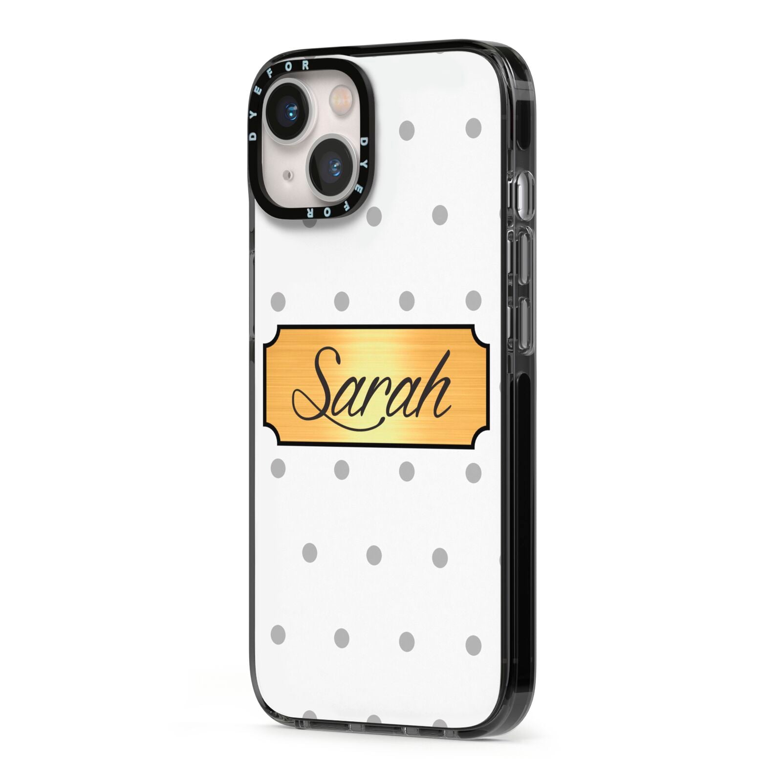 Personalised Grey Dots Gold With Name iPhone 13 Black Impact Case Side Angle on Silver phone