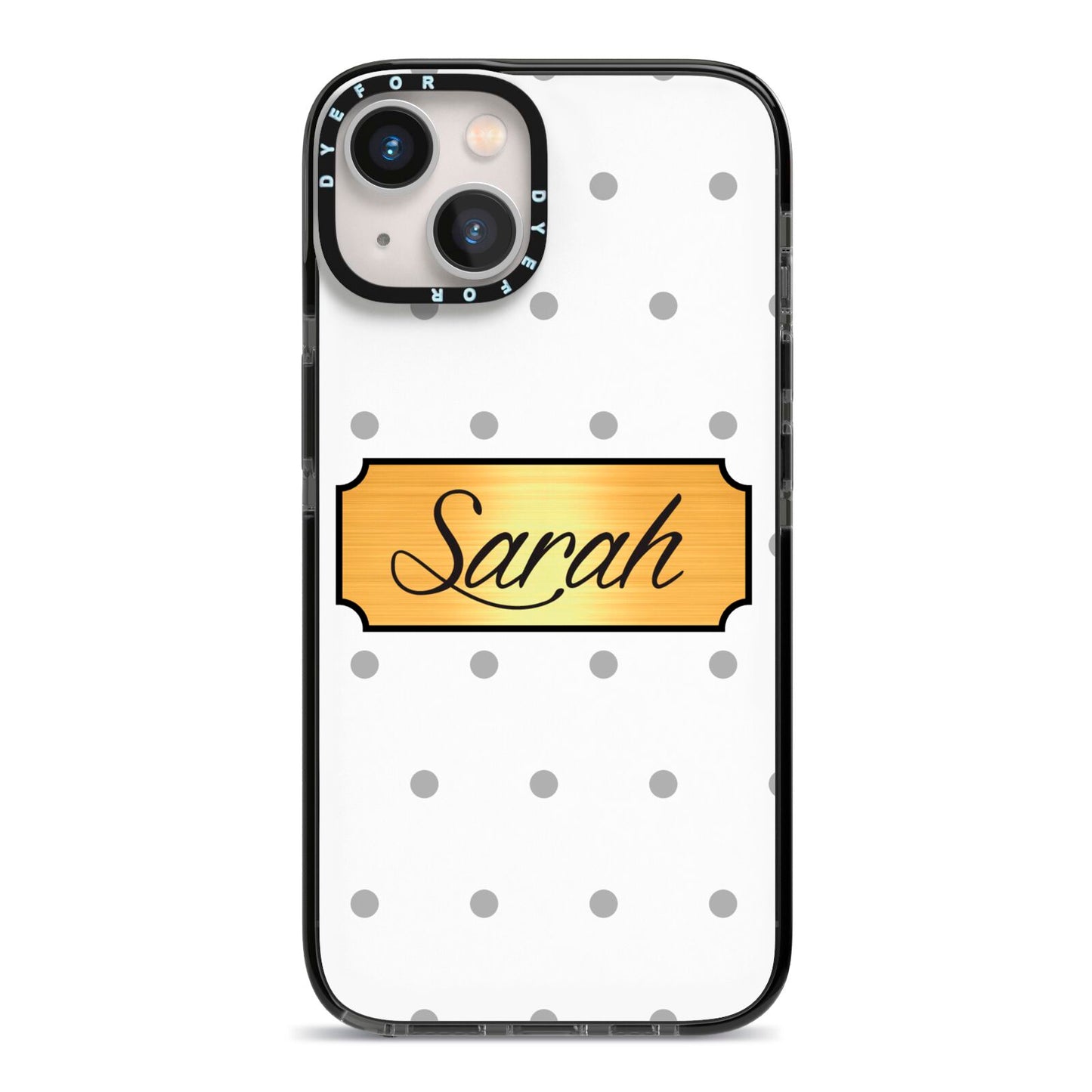 Personalised Grey Dots Gold With Name iPhone 13 Black Impact Case on Silver phone