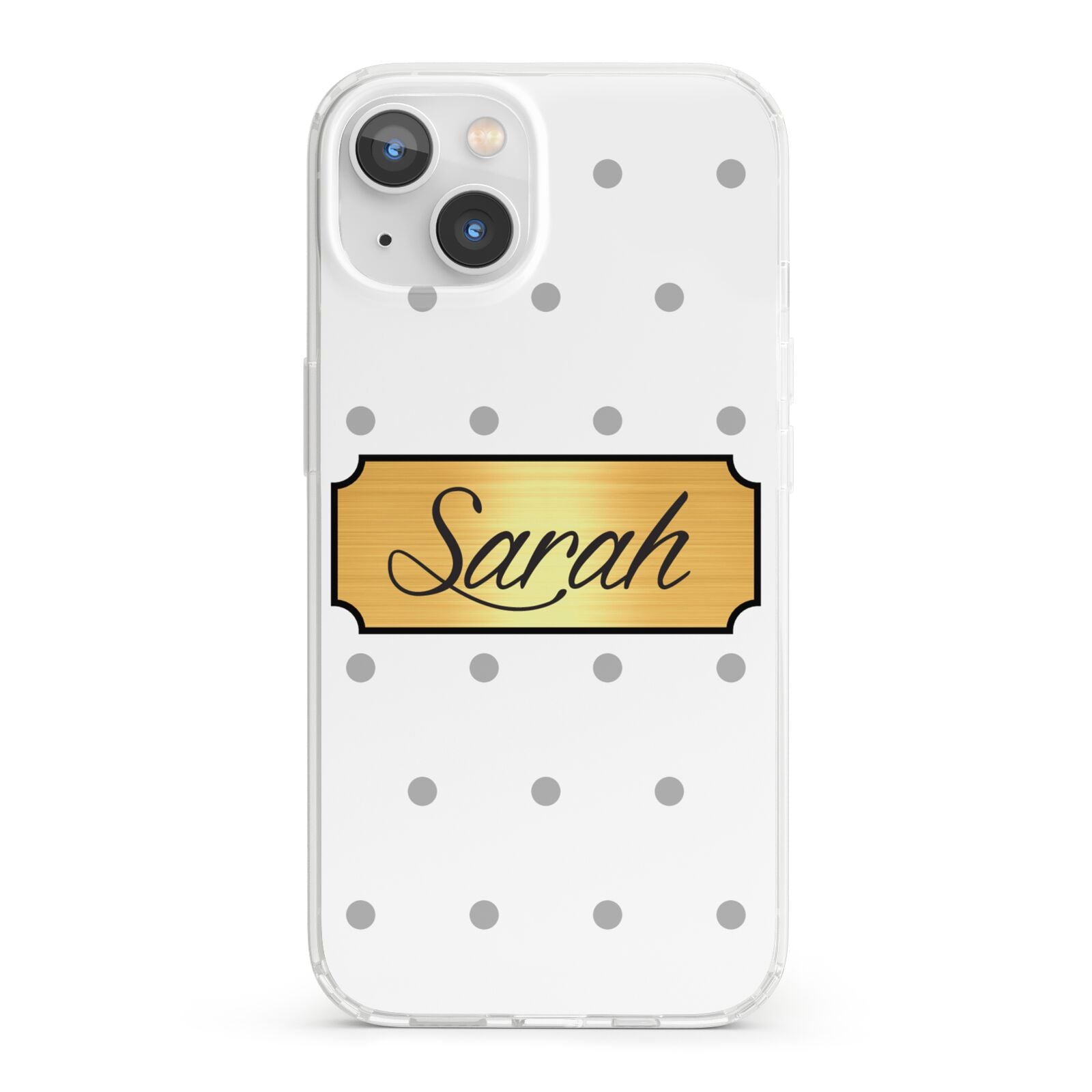 Personalised Grey Dots Gold With Name iPhone 13 Clear Bumper Case