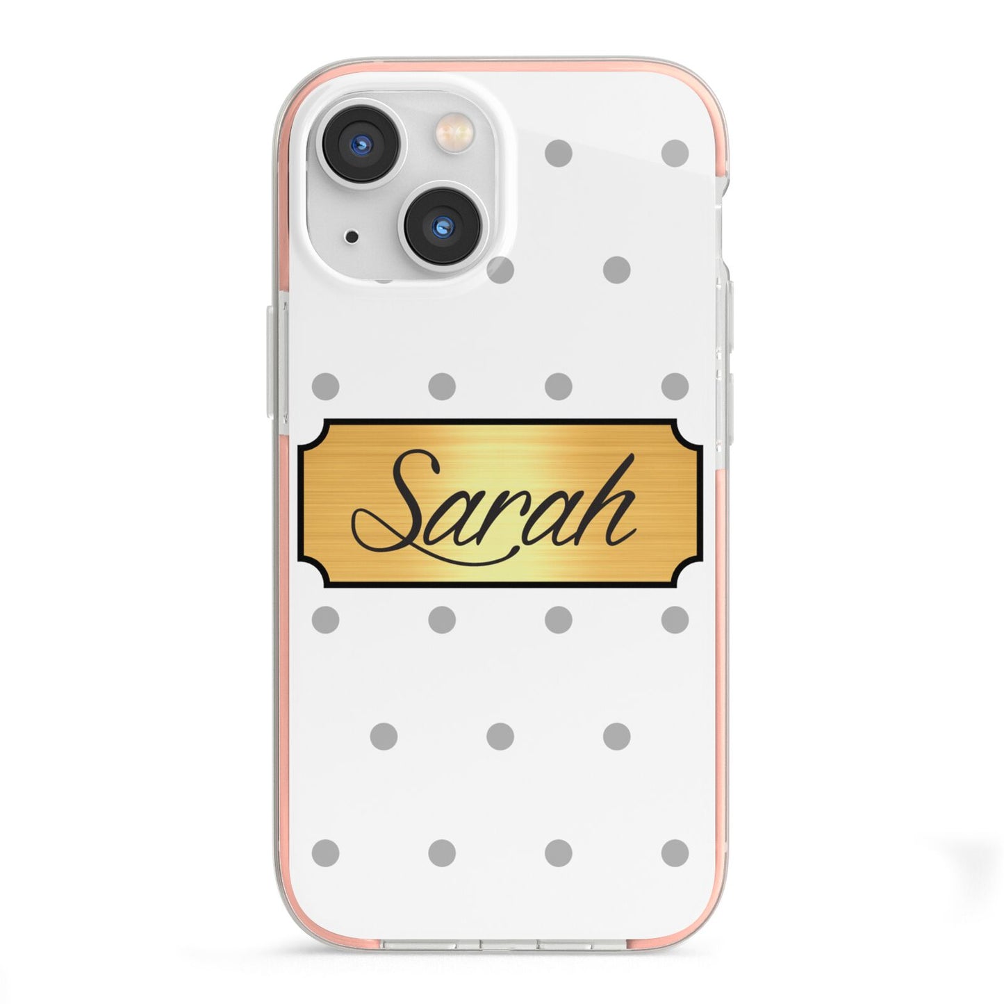 Personalised Grey Dots Gold With Name iPhone 13 Mini TPU Impact Case with Pink Edges