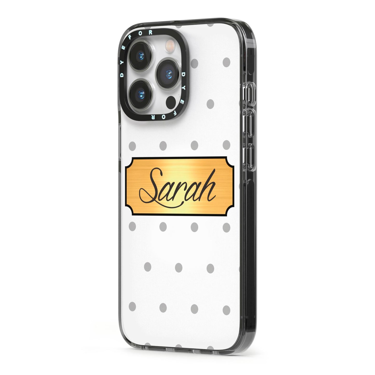 Personalised Grey Dots Gold With Name iPhone 13 Pro Black Impact Case Side Angle on Silver phone