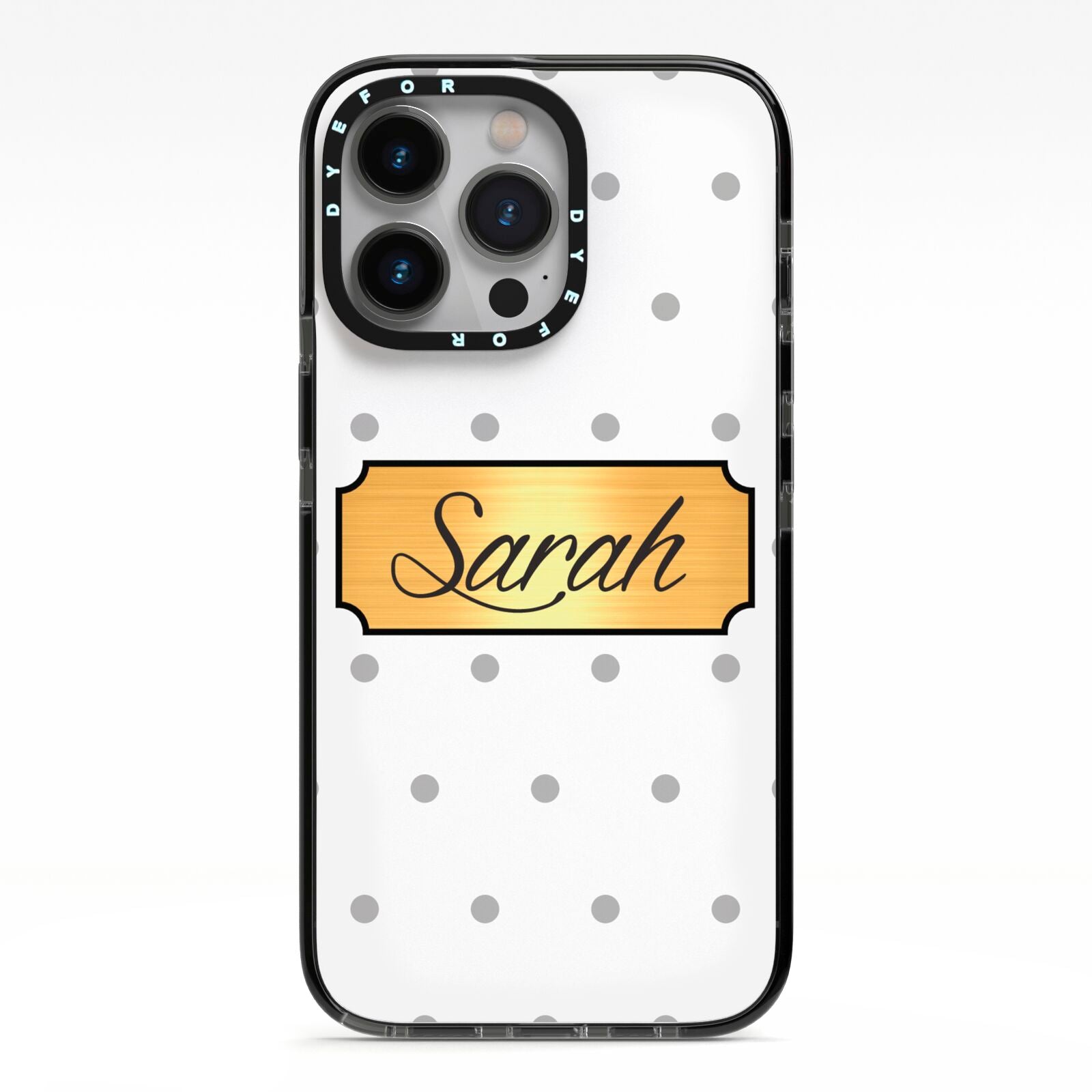 Personalised Grey Dots Gold With Name iPhone 13 Pro Black Impact Case on Silver phone