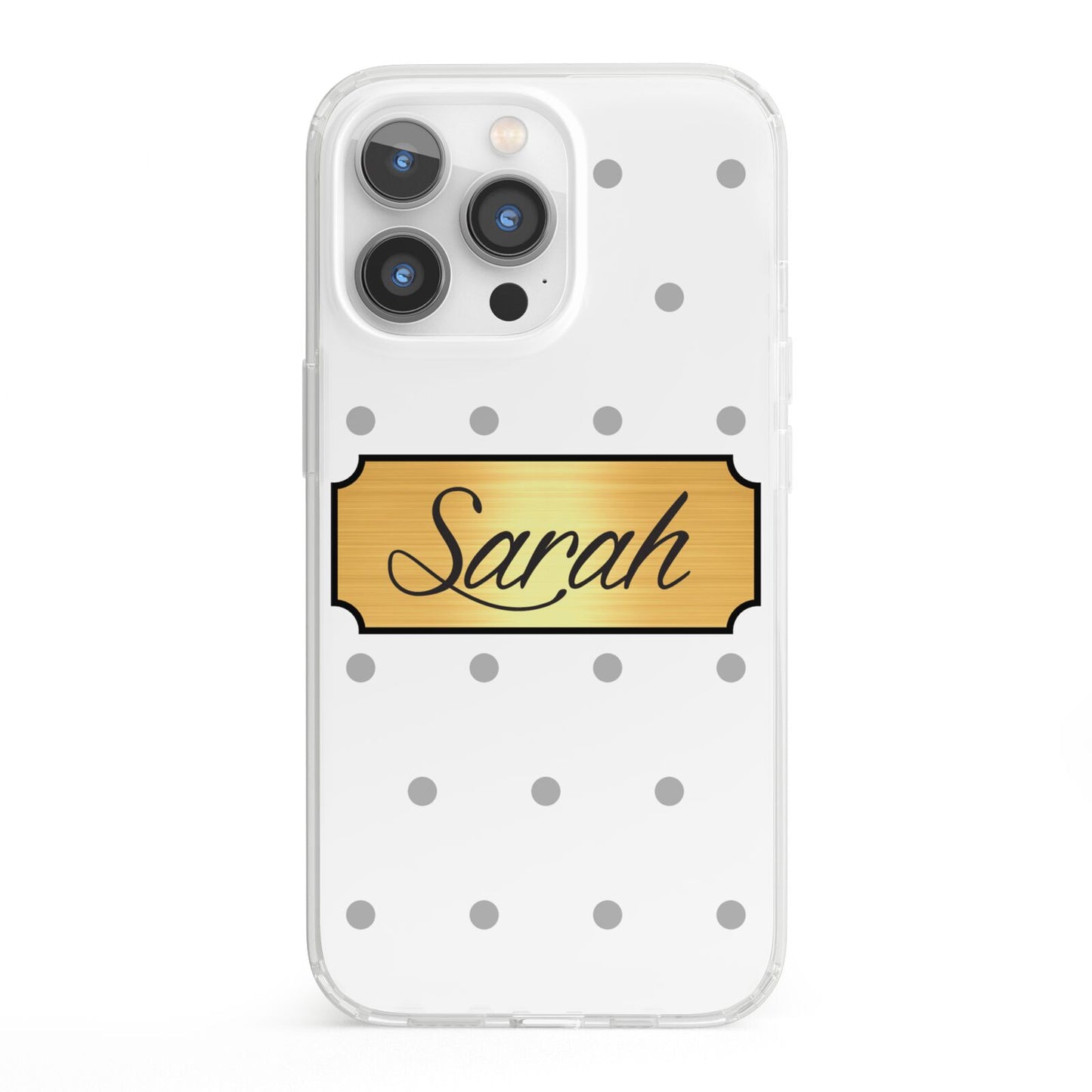 Personalised Grey Dots Gold With Name iPhone 13 Pro Clear Bumper Case