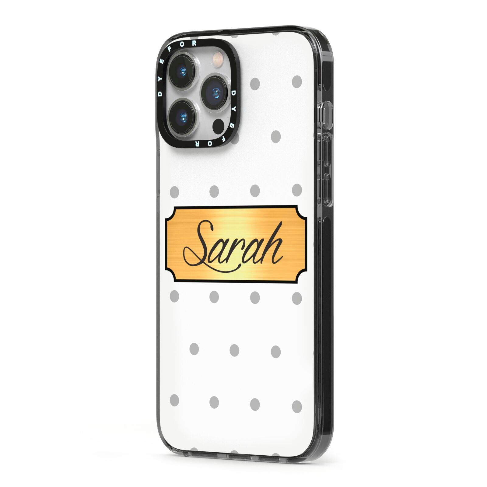 Personalised Grey Dots Gold With Name iPhone 13 Pro Max Black Impact Case Side Angle on Silver phone