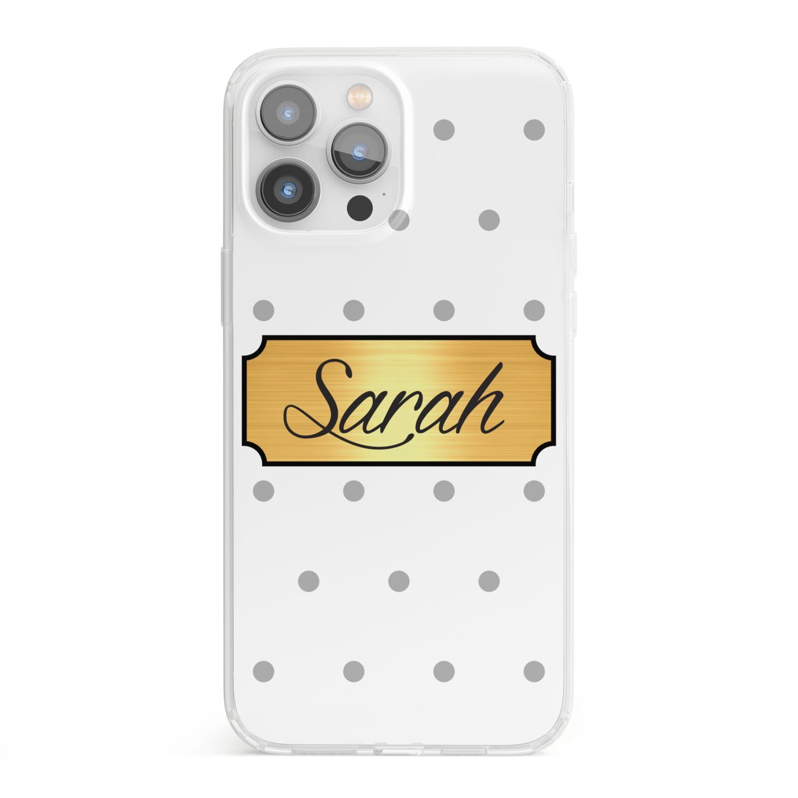 Personalised Grey Dots Gold With Name iPhone 13 Pro Max Clear Bumper Case