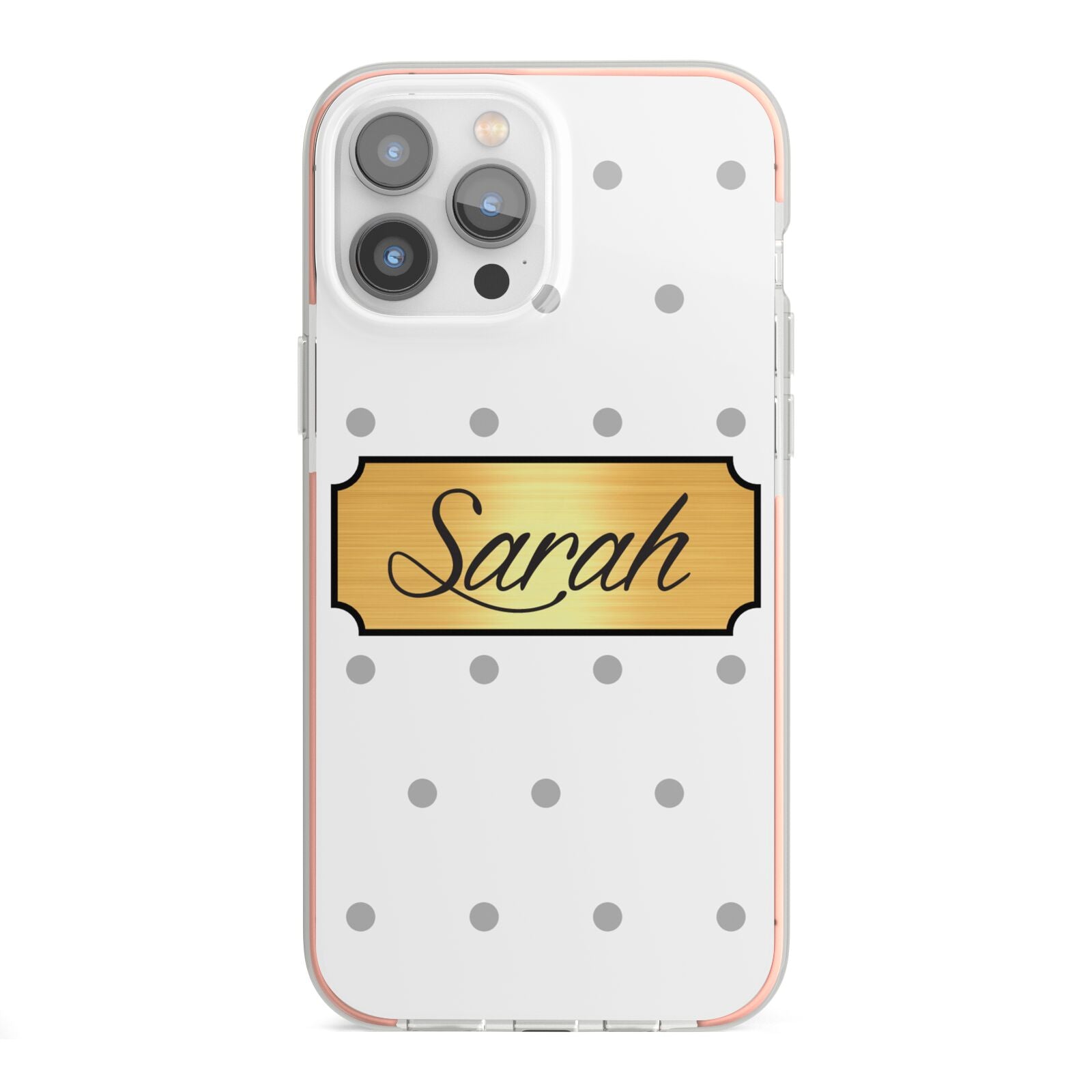 Personalised Grey Dots Gold With Name iPhone 13 Pro Max TPU Impact Case with Pink Edges