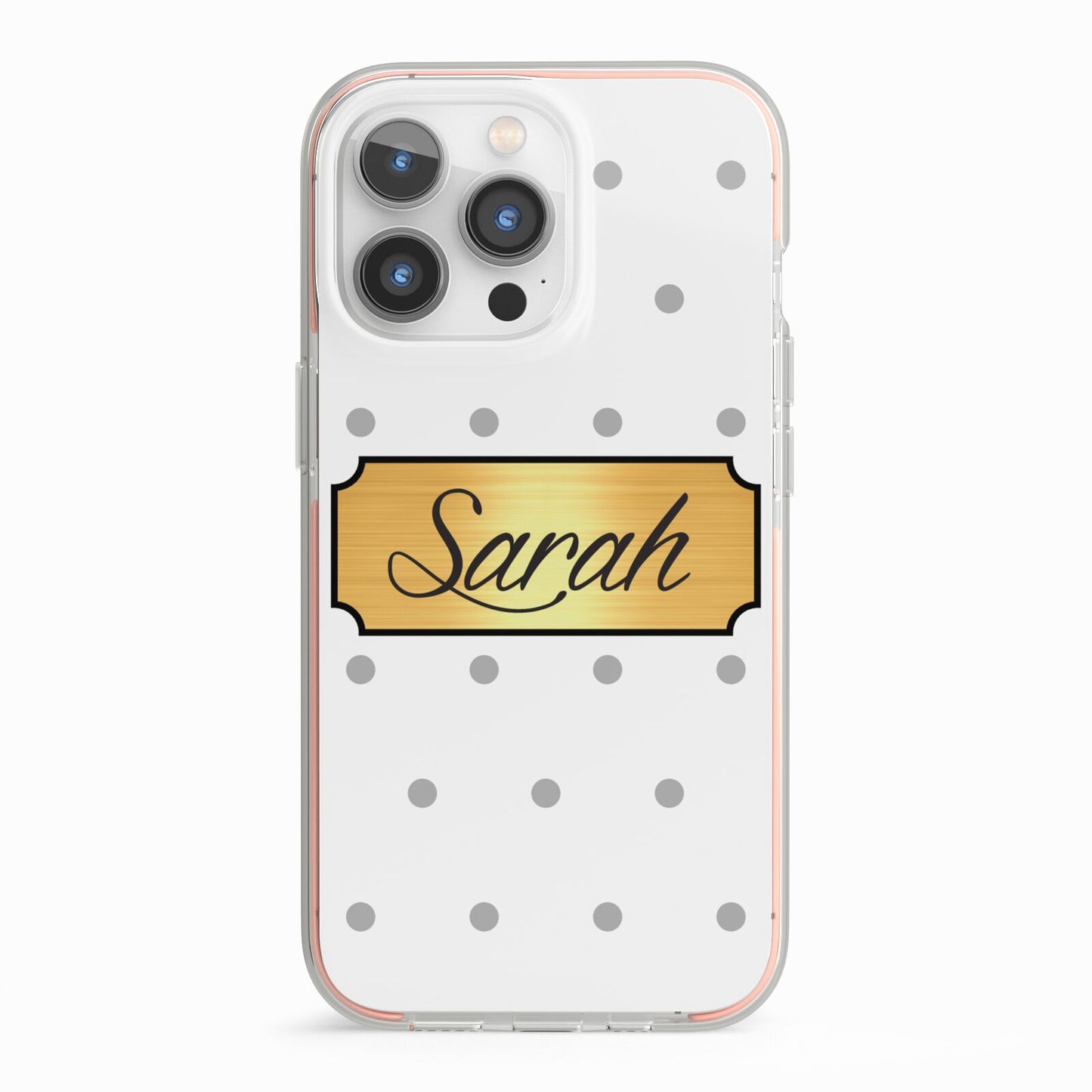Personalised Grey Dots Gold With Name iPhone 13 Pro TPU Impact Case with Pink Edges