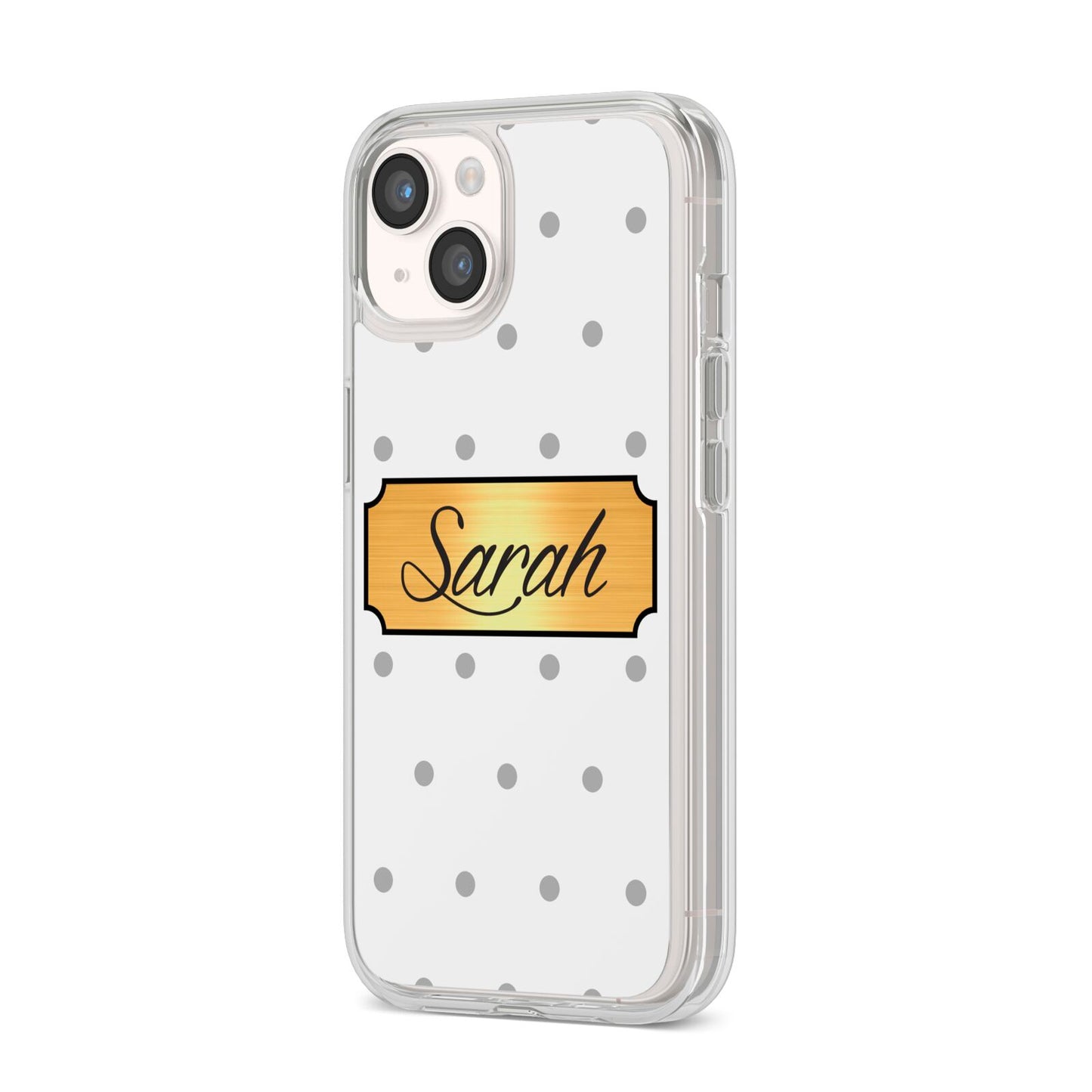 Personalised Grey Dots Gold With Name iPhone 14 Clear Tough Case Starlight Angled Image
