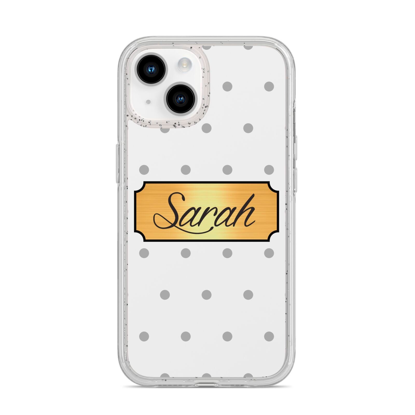 Personalised Grey Dots Gold With Name iPhone 14 Glitter Tough Case Starlight